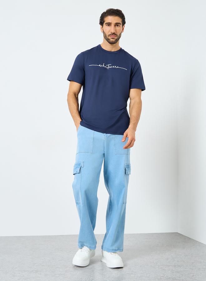 Take Two Navy Blue Slogan Print Round Neck Short Sleeve T-Shirt - Image 2