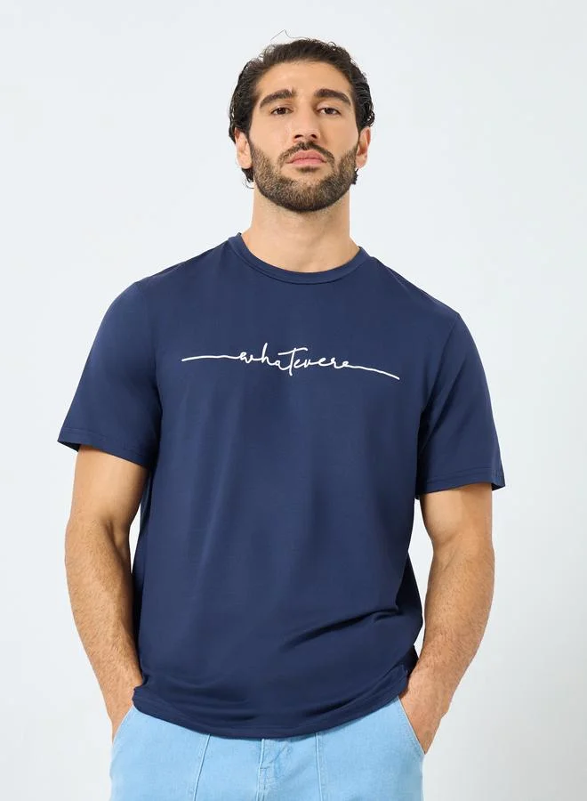 Take Two Navy Blue Slogan Print Round Neck Short Sleeve T-Shirt