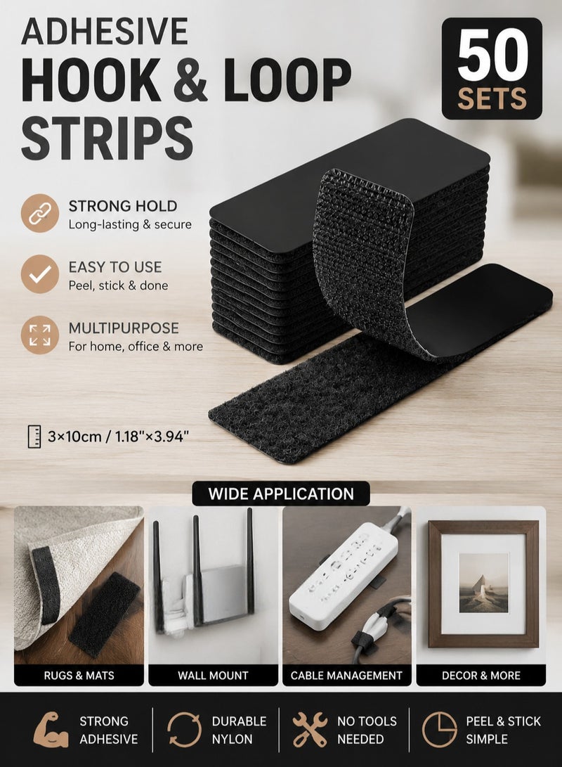 Bukela 50 Pairs Self Adhesive Hook and Loop Strips, 3x10cm Black Heavy Duty Double Sided Sticky Back Velcro Tape Strips, Strong Adhesive Fastener Tape for Home Office Classroom Fabric Wall Craft DIY Mounting - Image 1