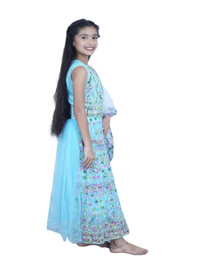 Bhakti Basket طقم ليهينغا تشولي مزين بالزهور للفتيات مع دوباتا، أزرق تركوازي، مزيج قطن، بدون أكمام، تقليدي عرقي - Image 3