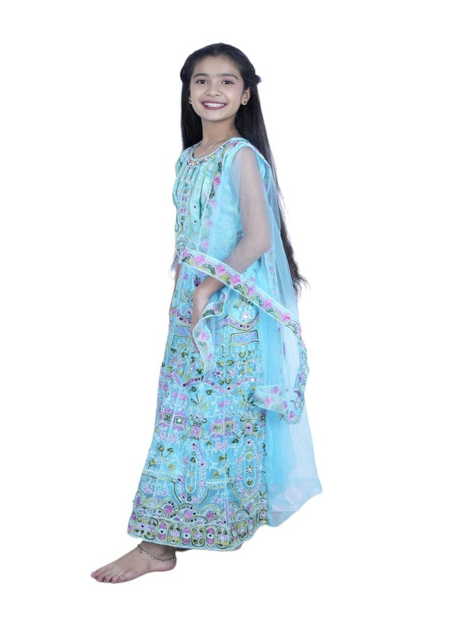 Bhakti Basket طقم ليهينغا تشولي مزين بالزهور للفتيات مع دوباتا، أزرق تركوازي، مزيج قطن، بدون أكمام، تقليدي عرقي - Image 2