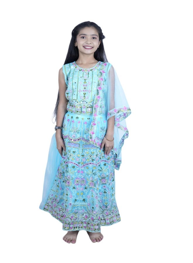 Bhakti Basket طقم ليهينغا تشولي مزين بالزهور للفتيات مع دوباتا، أزرق تركوازي، مزيج قطن، بدون أكمام، تقليدي عرقي - Image 1