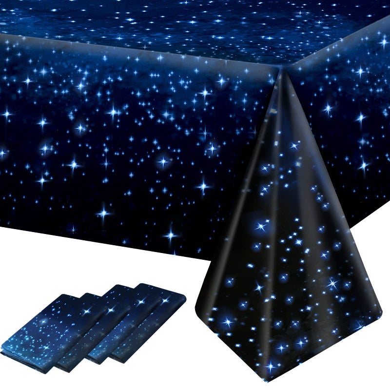 Joyberg 4-Pack Space Tablescapes: Plastic Galaxy Table Cloth With All-Over Printed Starry Sky - Waterproof  Oil Proof - Party Blue Star Tablecloth (54'' X 108'') - Image 1