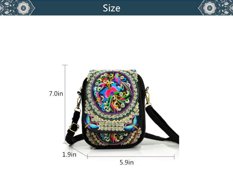 BigBigMe Women Ethnic Embroidered Handmade Mini Canvas Crossbody Shoulder Boho Travel Handbag Cell Phone Purse Wallet, Multicolor, 5.9 * 1.9 * 7.0 inch - Image 2