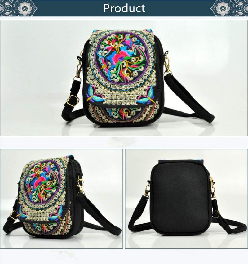 BigBigMe Women Ethnic Embroidered Handmade Mini Canvas Crossbody Shoulder Boho Travel Handbag Cell Phone Purse Wallet, Multicolor, 5.9 * 1.9 * 7.0 inch - Image 5