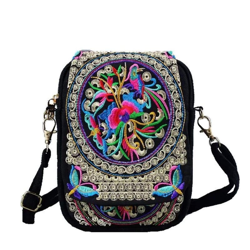 BigBigMe Women Ethnic Embroidered Handmade Mini Canvas Crossbody Shoulder Boho Travel Handbag Cell Phone Purse Wallet, Multicolor, 5.9 * 1.9 * 7.0 inch - Image 1