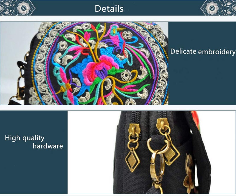 BigBigMe Women Ethnic Embroidered Handmade Mini Canvas Crossbody Shoulder Boho Travel Handbag Cell Phone Purse Wallet, Multicolor, 5.9 * 1.9 * 7.0 inch - Image 3