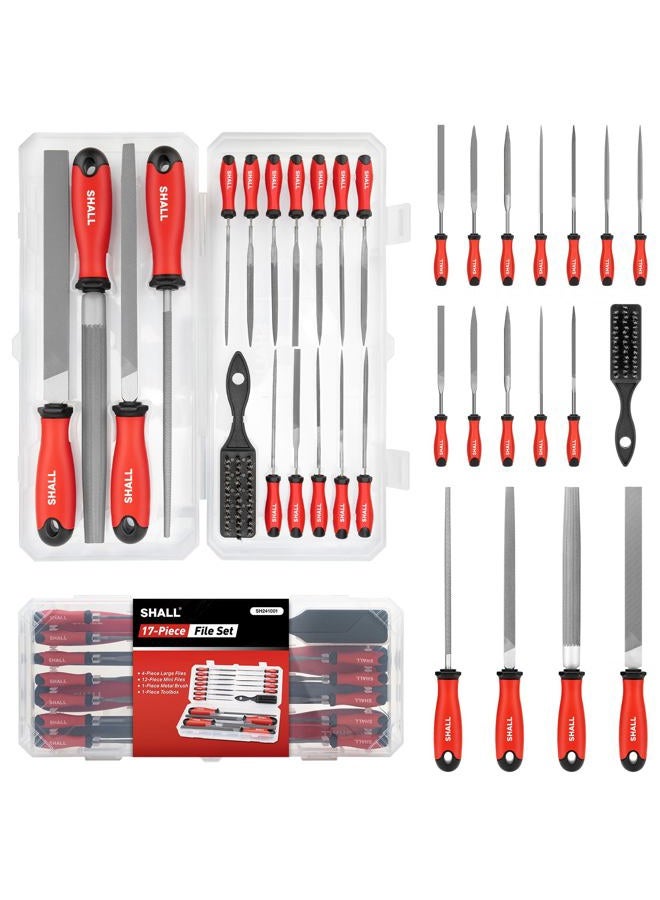 SHALL 17 Pc Metal File Set,for Metal,Wood & Plastic,4xHand & 12xNeedle Files,Wire Brush,High Quality Metal File with Storage Box - Image 1