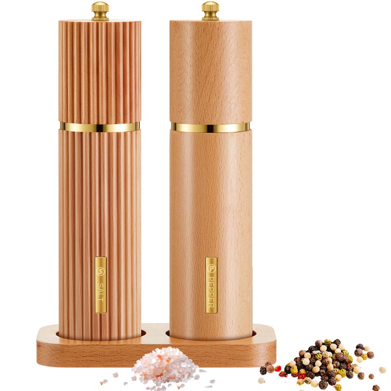 LOYIM Wooden Salt and Pepper Grinder Set 8" Refillable Wooden Manual Salt and Pepper Mill Set with Adjustable Coarse Settings Rust Resistant Smooth Quality Grinding Mechanism (Fluted and Smooth,Wood) - Image 1