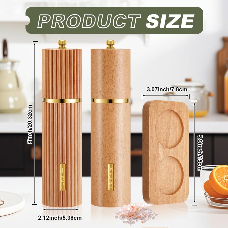 LOYIM Wooden Salt and Pepper Grinder Set 8" Refillable Wooden Manual Salt and Pepper Mill Set with Adjustable Coarse Settings Rust Resistant Smooth Quality Grinding Mechanism (Fluted and Smooth,Wood) - Image 2