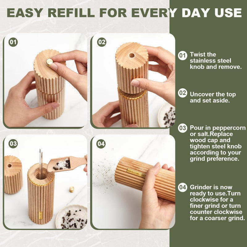 LOYIM Wooden Salt and Pepper Grinder Set 8" Refillable Wooden Manual Salt and Pepper Mill Set with Adjustable Coarse Settings Rust Resistant Smooth Quality Grinding Mechanism (Fluted and Smooth,Wood) - Image 5