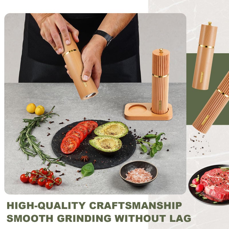 LOYIM Wooden Salt and Pepper Grinder Set 8" Refillable Wooden Manual Salt and Pepper Mill Set with Adjustable Coarse Settings Rust Resistant Smooth Quality Grinding Mechanism (Fluted and Smooth,Wood) - Image 3