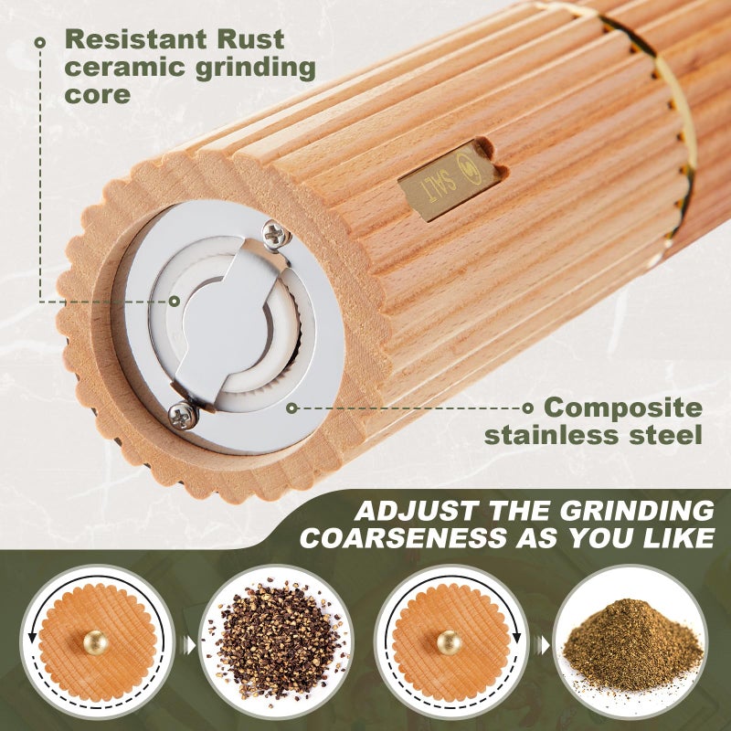 LOYIM Wooden Salt and Pepper Grinder Set 8" Refillable Wooden Manual Salt and Pepper Mill Set with Adjustable Coarse Settings Rust Resistant Smooth Quality Grinding Mechanism (Fluted and Smooth,Wood) - Image 4