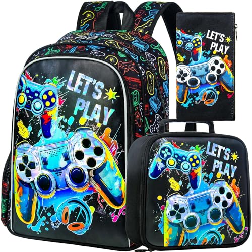 KLFVB 3PCS Boys Backpack, 16" Game Kids Bookbag and Lunch Box, Water Resistant Preschool Backpacks for Elementary Students - Image 1