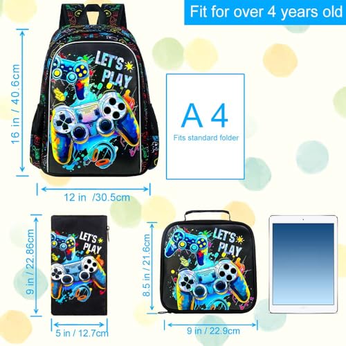 KLFVB 3PCS Boys Backpack, 16" Game Kids Bookbag and Lunch Box, Water Resistant Preschool Backpacks for Elementary Students - Image 4