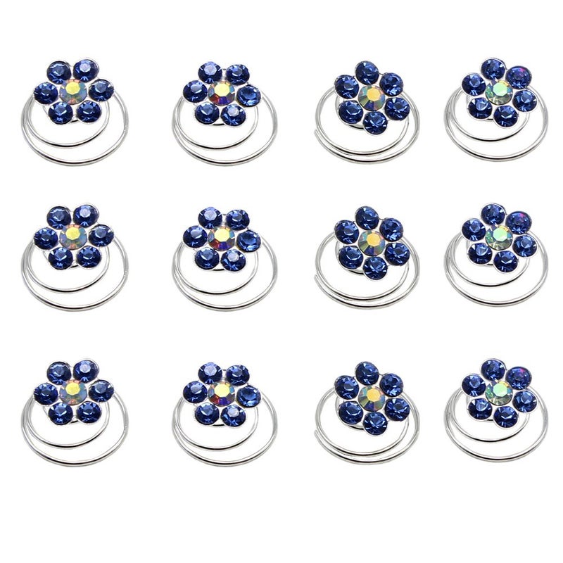Newstarfactory Rhinestone Studded Collection Flower Spiral Hair Pin Pack of 12 (Dark Blue) - Image 4