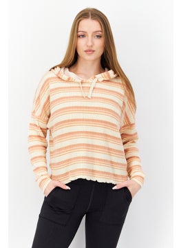 Women Hooded Long Sleeve Stripe Crop Sweatshirt, Beige Combo
