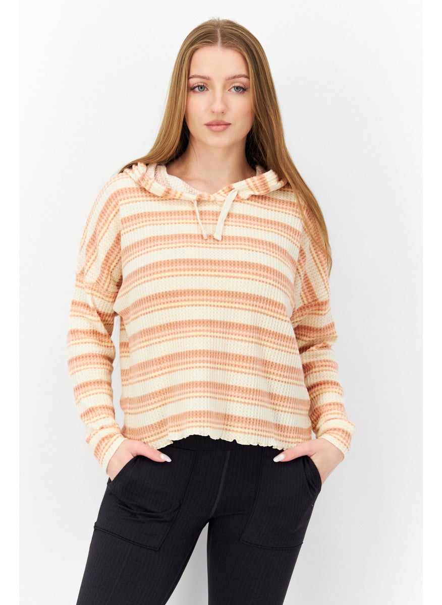 Roxy - Women Hooded Long Sleeve Stripe Crop Sweatshirt, Beige Combo - Image 1