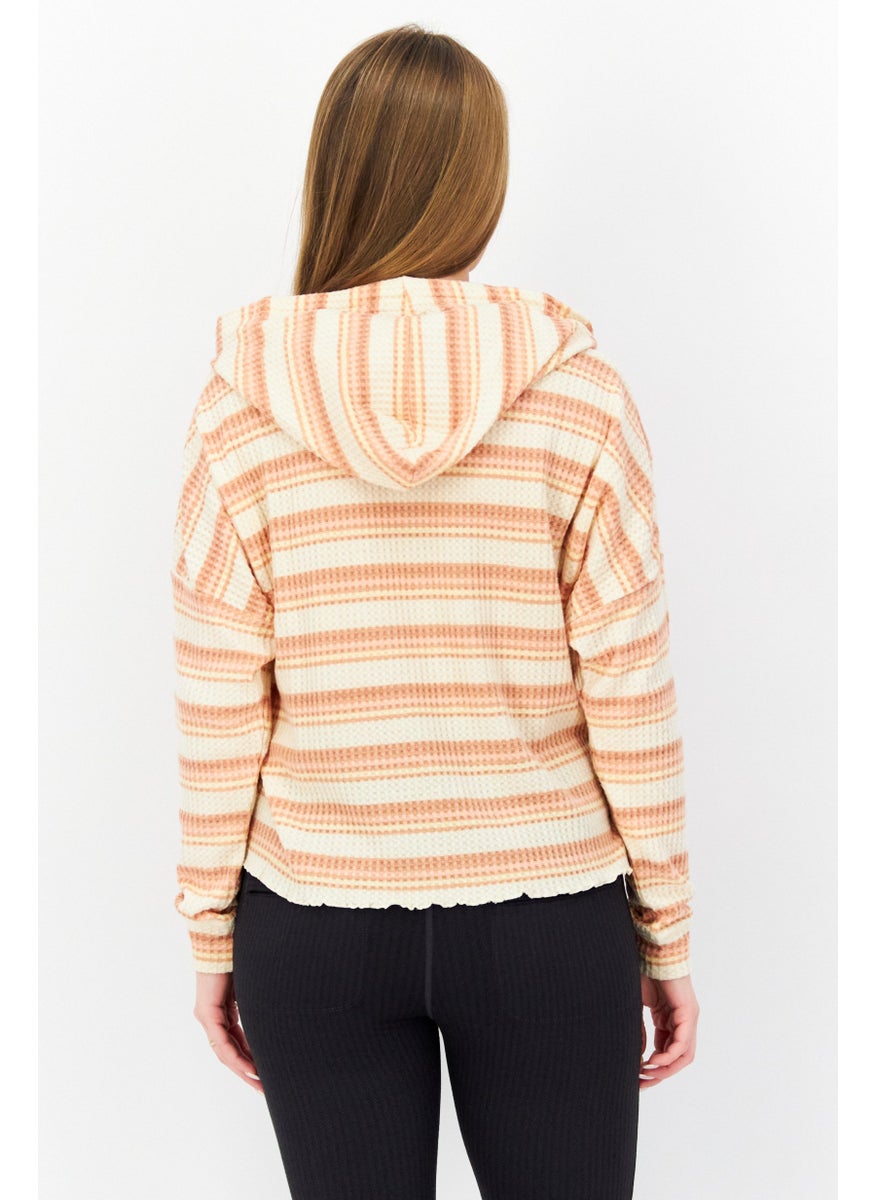 Roxy - Women Hooded Long Sleeve Stripe Crop Sweatshirt, Beige Combo - Image 1