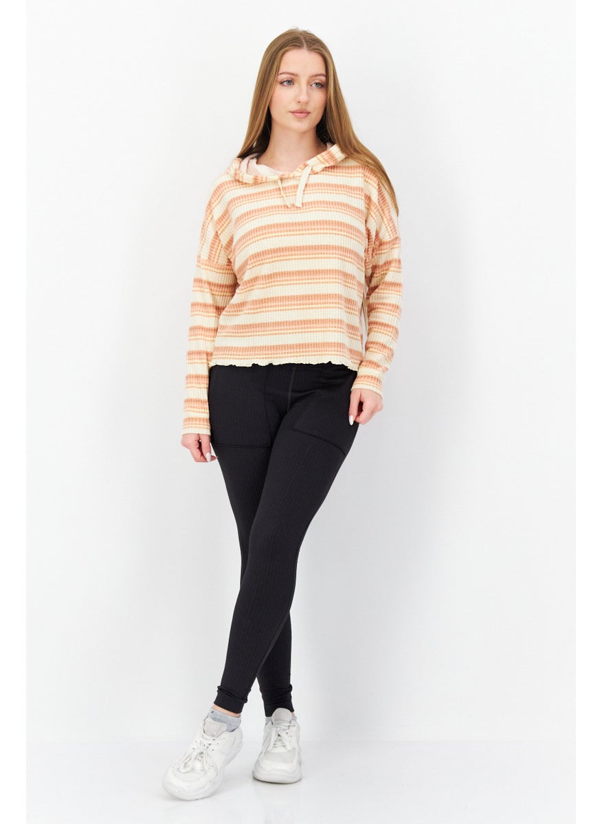 Roxy - Women Hooded Long Sleeve Stripe Crop Sweatshirt, Beige Combo - Image 1