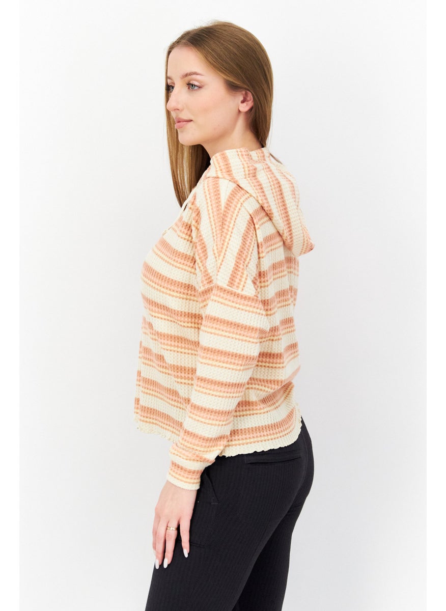 Roxy - Women Hooded Long Sleeve Stripe Crop Sweatshirt, Beige Combo - Image 1