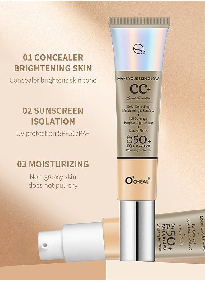 OCHEAL - CC Cream, Full Coverage Foundation With SPF 50+ Whitening Sunscreen, CC Cream Foundation Anti-Redness, Colour Correcting And Brightening Face Cream, Skin Tone Adjusting CC Cream, Natural - Image 1