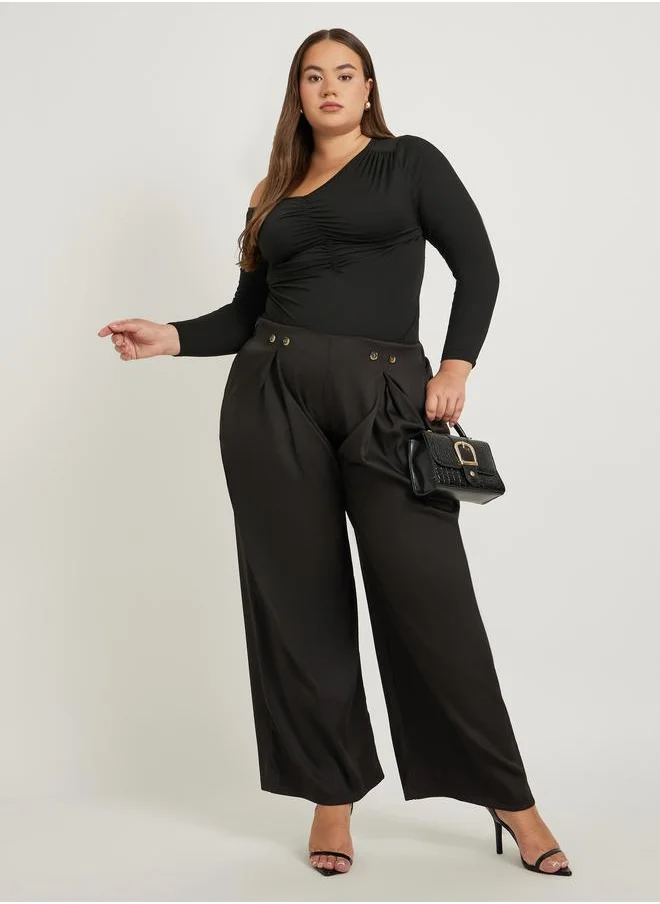 Styli Styli Plus Size Solid Pleated Wide Leg Pants with Button Detail