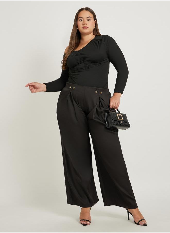 Styli Styli Plus Size Solid Pleated Wide Leg Pants with Button Detail  - Image 1