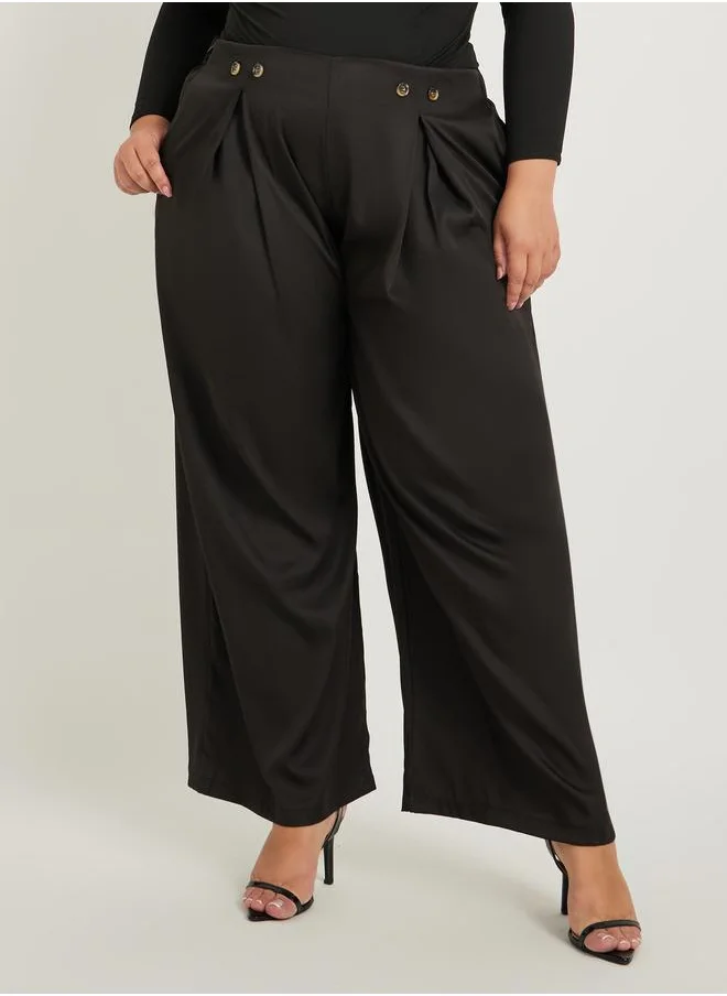 Styli Styli Plus Size Solid Pleated Wide Leg Pants with Button Detail