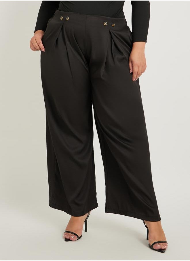 Styli Styli Plus Size Solid Pleated Wide Leg Pants with Button Detail  - Image 2