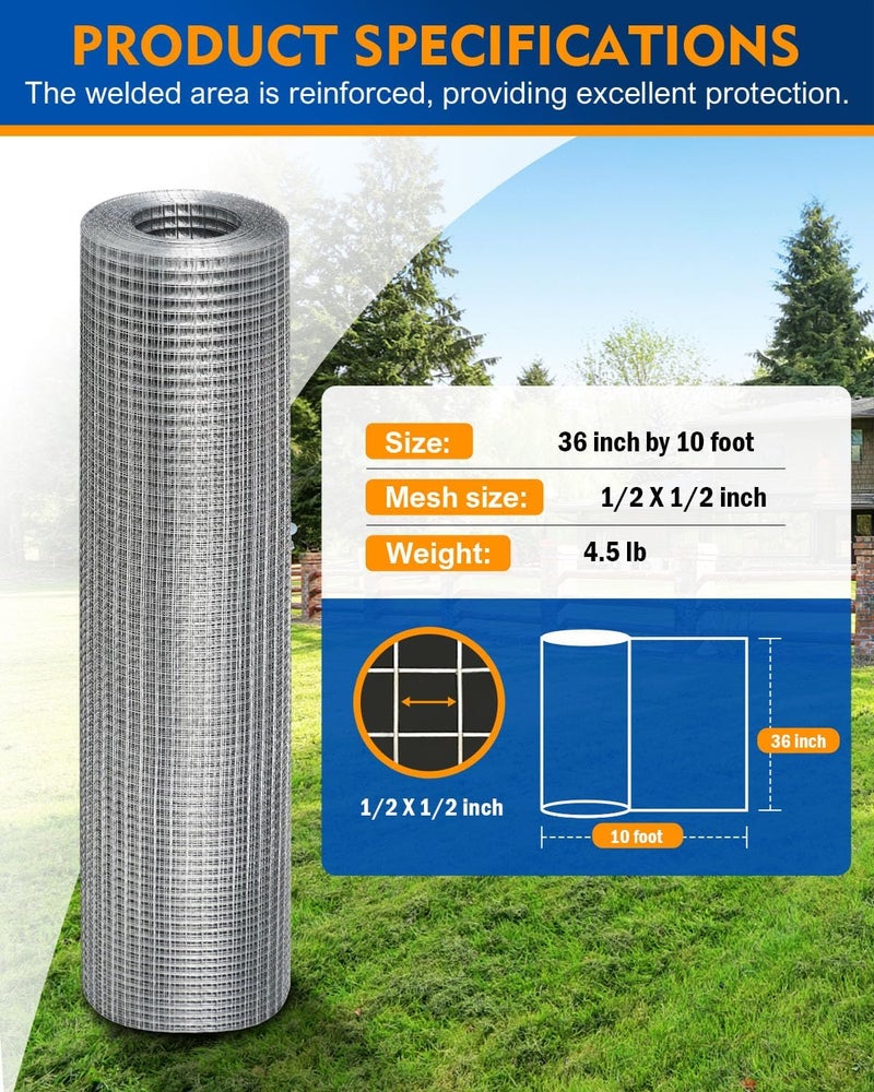 TUSON Hardware Cloth 1/2 inch 36 x 10 ft 19 Ga, Hot-Dip Galvanized After Welding, Chicken Wire Mesh Roll Hardware Mesh Welded Wire Fencing Chicken Garden Fencing - Image 2