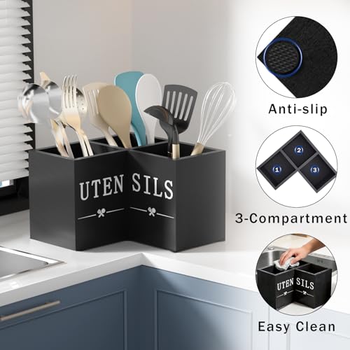 Natheeph Utensil Holder, Kitchen Utensil Holder for Counter, Extra Large Utensil Holder w/ 3-Compartment, Farmhouse Black Utensil Holder with Well-made Wood for Corner Organizer, Housewarming Gift - Image 3