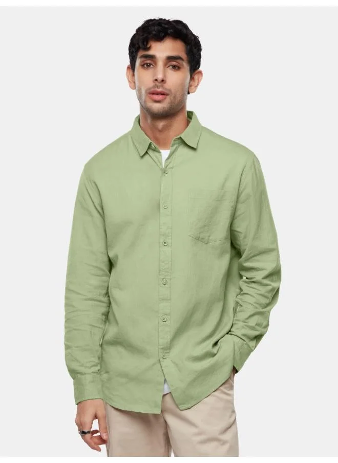 The Souled Store The Souled Store Men Pastel Lime Solid Regular Fit Cotton Linen Shirts