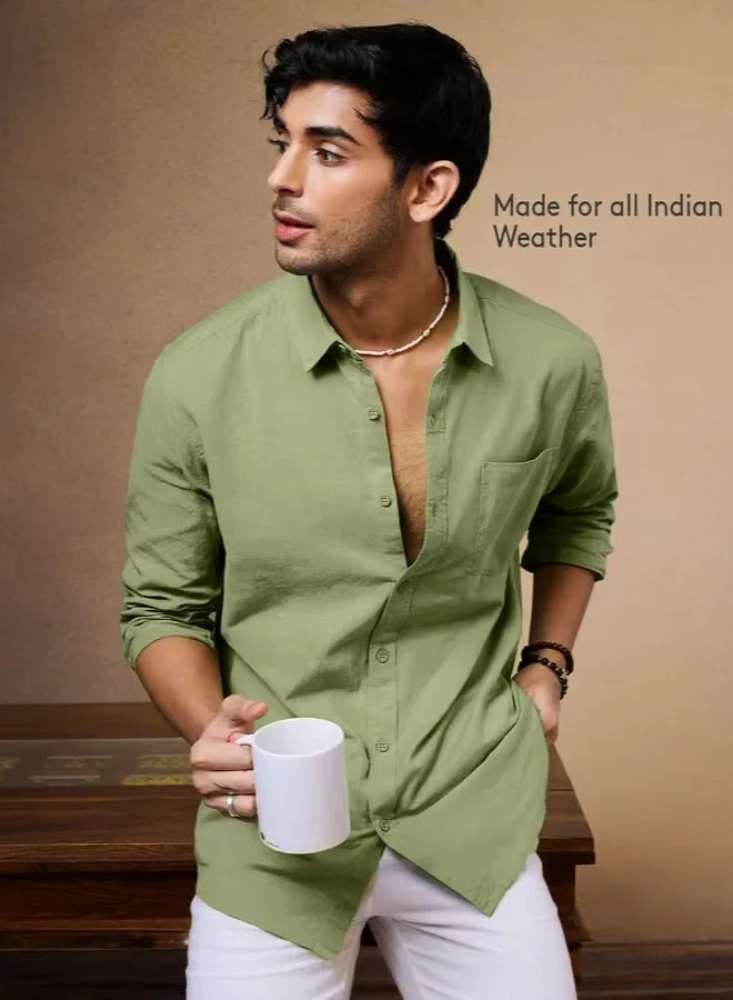 The Souled Store The Souled Store Men Pastel Lime Solid Regular Fit Cotton Linen Shirts