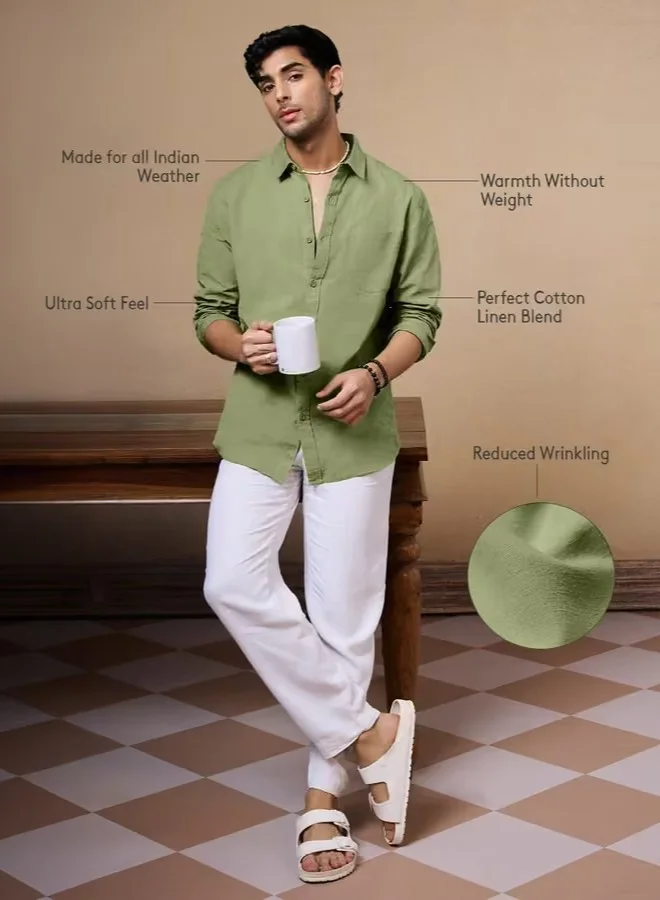 The Souled Store The Souled Store Men Pastel Lime Solid Regular Fit Cotton Linen Shirts