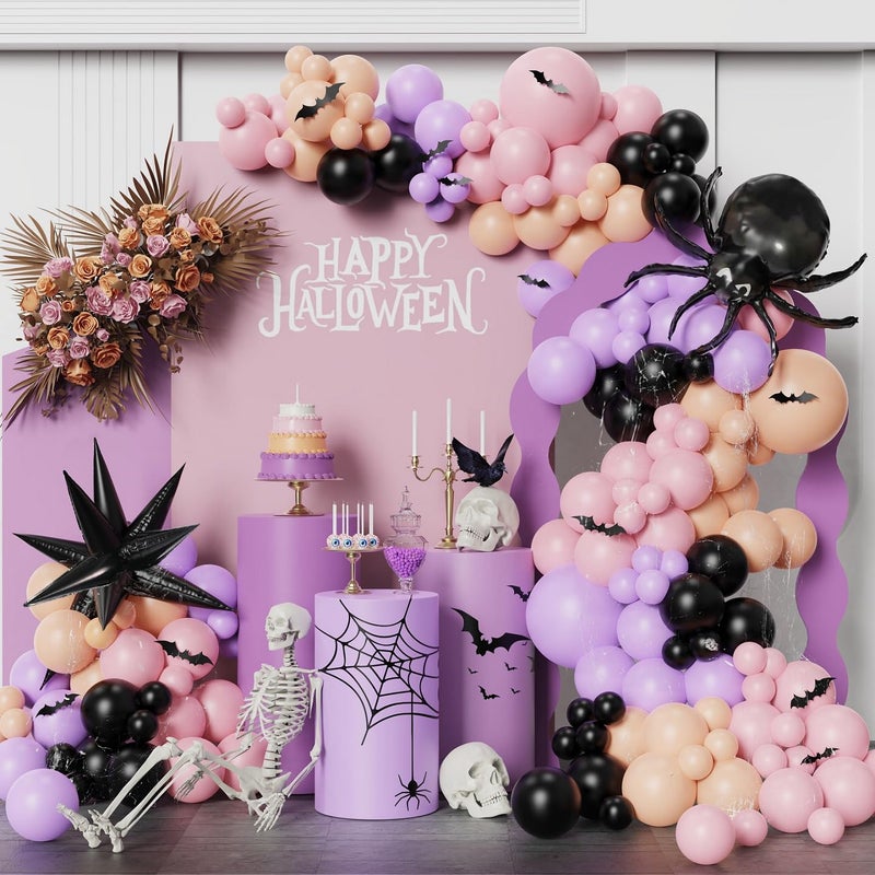 Heukikt 166pcs Pink Black Purple Halloween Balloon Garland Arch kit Scary Spider Happy Halloween Baby Shower Party Decorations with 3D Bat Stickers for Girls Spooky Birthday BOO Day Party Supplies - Image 2