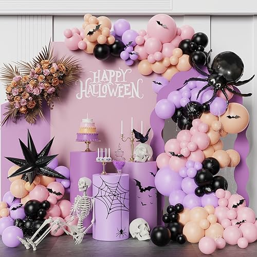 Heukikt 166pcs Pink Black Purple Halloween Balloon Garland Arch kit Scary Spider Happy Halloween Baby Shower Party Decorations with 3D Bat Stickers for Girls Spooky Birthday BOO Day Party Supplies - Image 1