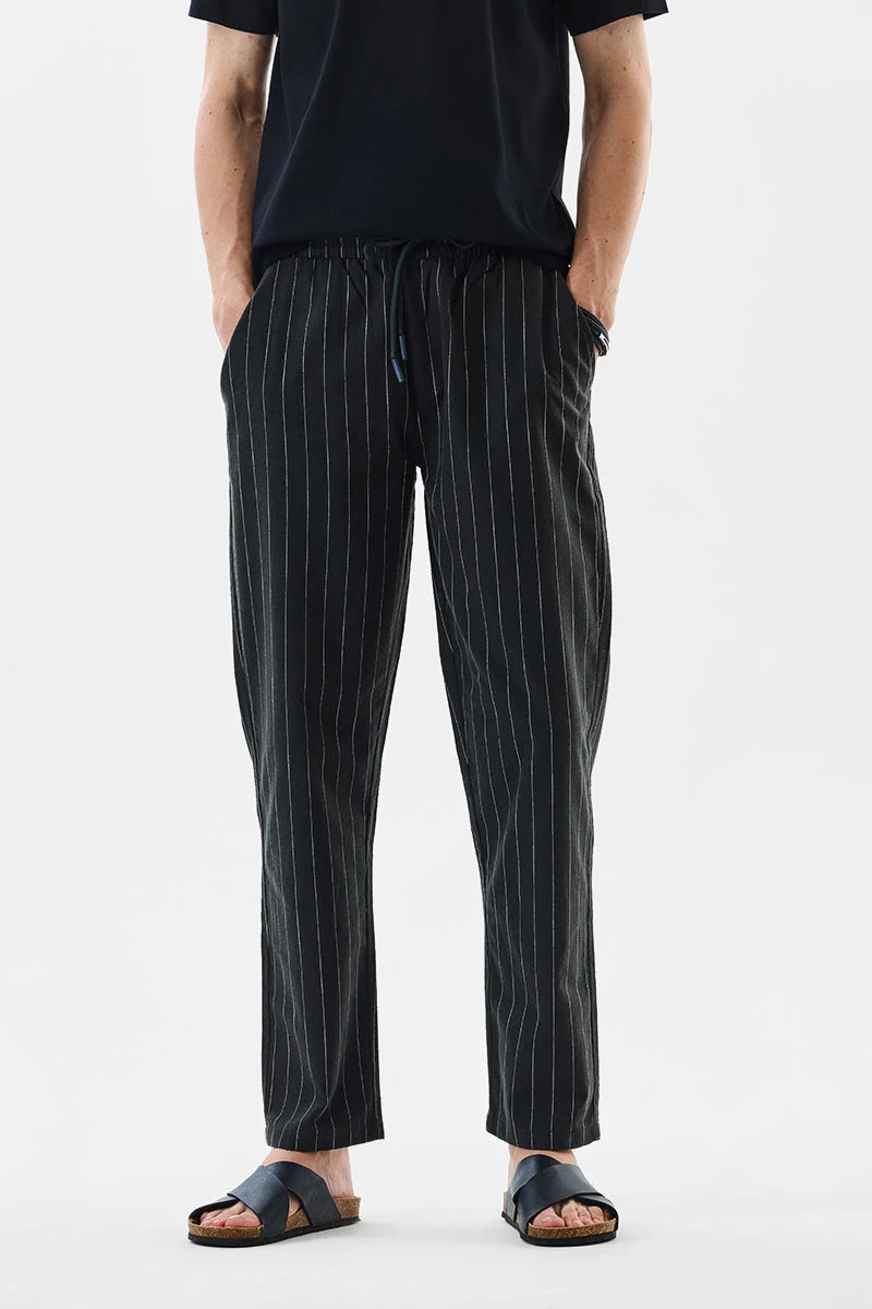 SNITCH Linen Blend Striped Straight Fit Trousers