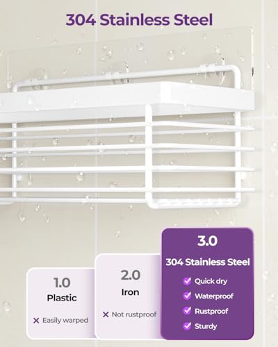 ODesign Shower Caddy 3 Pack SUS304 Stainless Steel-No Drilling-Shower Bathroom Shelves Rack,Rustproof Wall Mounted,Adhesive Shower Shelf Basket Organizer-White - Image 2