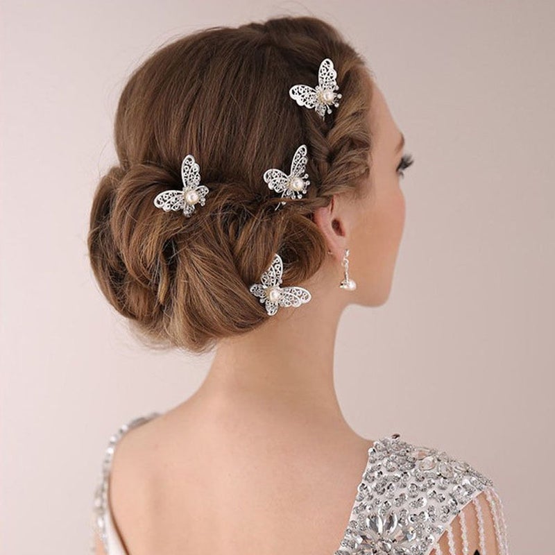 yueton Pack of 20 Butterfly Pearl Crystal Hair Pin Bride Headwear Hair Accessories (Silver) - Image 2