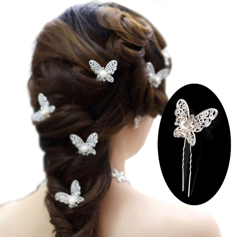 yueton Pack of 20 Butterfly Pearl Crystal Hair Pin Bride Headwear Hair Accessories (Silver) - Image 1