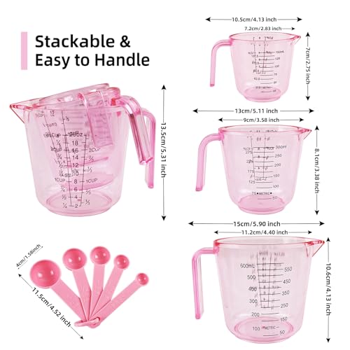BOEYAA Pink Plastic Measuring cup Measuring spoon Set: 3 Stackable Liquid Measuring Cups 150/300/600ml and 5 Spoons 1.25-15ml, Used to Create Pink Kitchen Themes, Baking, Cooking - Image 3