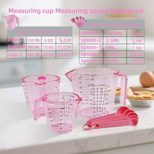 BOEYAA Pink Plastic Measuring cup Measuring spoon Set: 3 Stackable Liquid Measuring Cups 150/300/600ml and 5 Spoons 1.25-15ml, Used to Create Pink Kitchen Themes, Baking, Cooking - Image 2