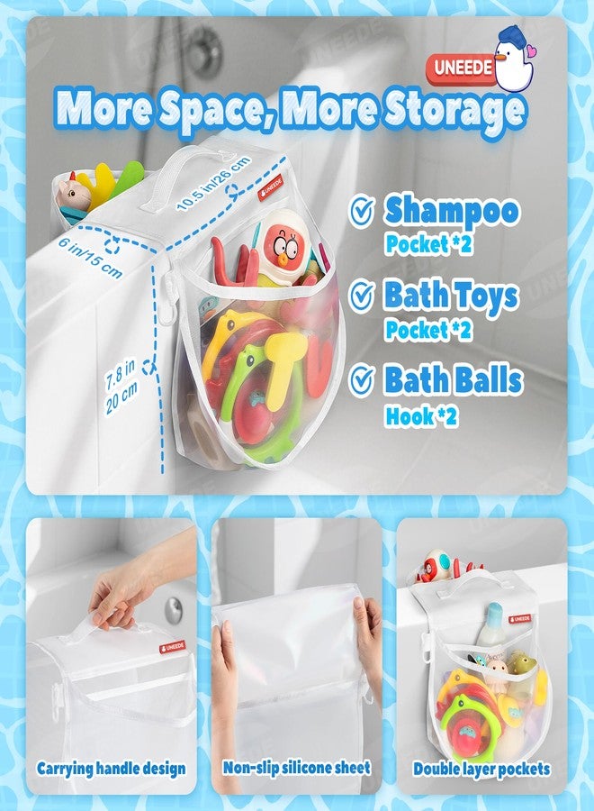 UNEEDE Bath Toy Storage Saddle Shape 2 Compartments,Quick Access丨Wide Opening Bathtub Toy Organizer for Tub,Nylon Mesh Shower Holder and Tub Storage Organizer for Kids,Easy to Clean and Install - Image 5