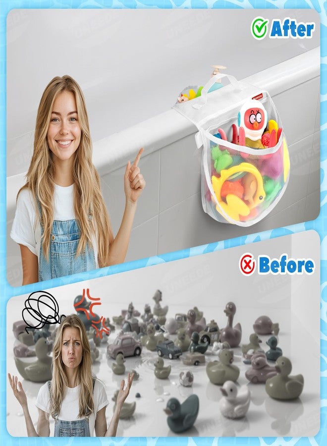 UNEEDE Bath Toy Storage Saddle Shape 2 Compartments,Quick Access丨Wide Opening Bathtub Toy Organizer for Tub,Nylon Mesh Shower Holder and Tub Storage Organizer for Kids,Easy to Clean and Install - Image 4