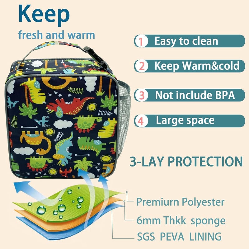Kulle Kids Lunch Box,Insulated Lunch Box for Boys and Girls,Freezable Lunchbox, Lunch Bag kids Reusable Lunch Boxes for School,Work,Outdoor(Dinosaur) - Image 2