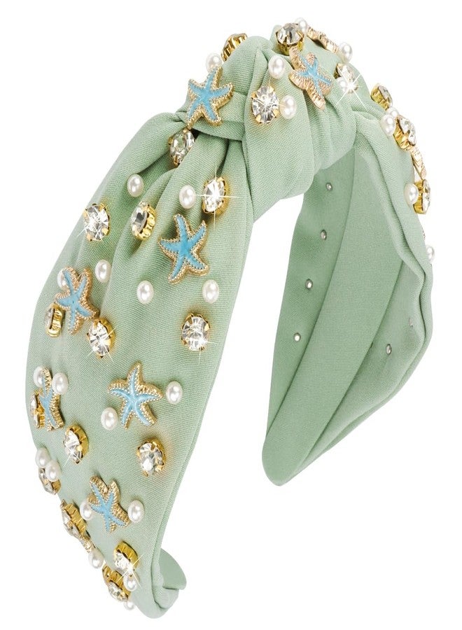 AOPRIE Starfish Headbands for Women Pearl Top Knotted Headbands for Girls Hair Bands for Women's Hair Solid Color Turban Wide Headbands for Women Green Light, 1 Pack - Image 1