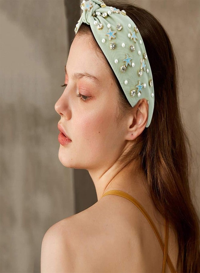 AOPRIE Starfish Headbands for Women Pearl Top Knotted Headbands for Girls Hair Bands for Women's Hair Solid Color Turban Wide Headbands for Women Green Light, 1 Pack - Image 4