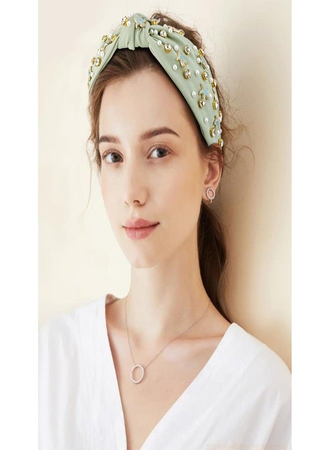 AOPRIE Starfish Headbands for Women Pearl Top Knotted Headbands for Girls Hair Bands for Women's Hair Solid Color Turban Wide Headbands for Women Green Light, 1 Pack - Image 5