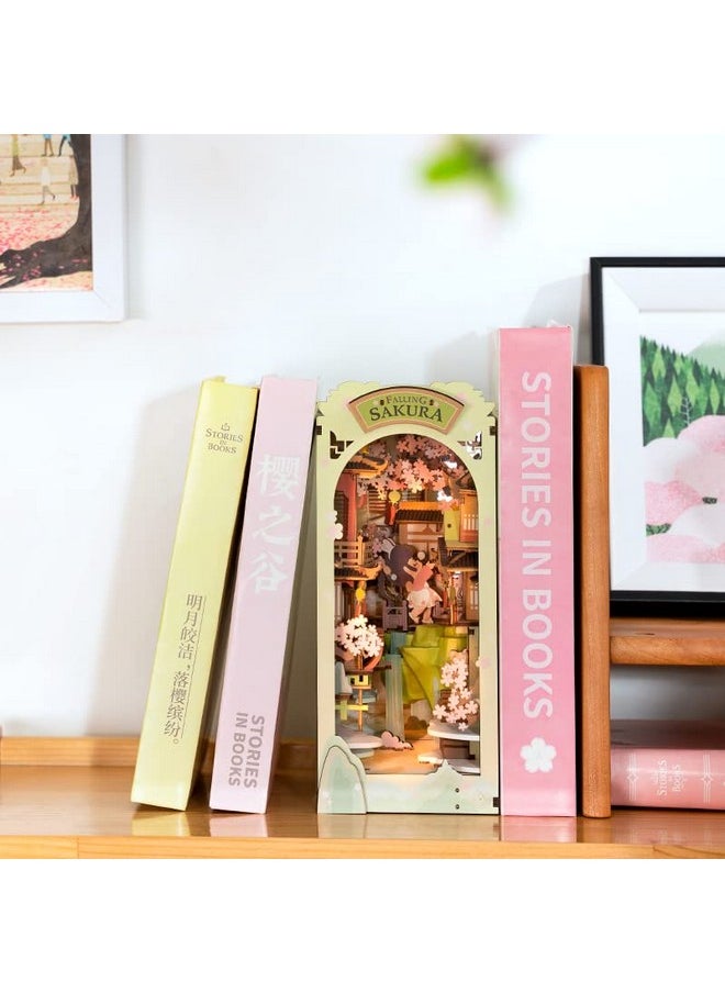 RoWood Book Nook Kits For Adults,3D Wooden Puzzle Bookend,Bookshelf Decor Insert Alley,Diy Miniature Booknook Model Craft Kits For Adults,Gifts With Led On Birthday Christmas(Falling Sakura)  - Image 2